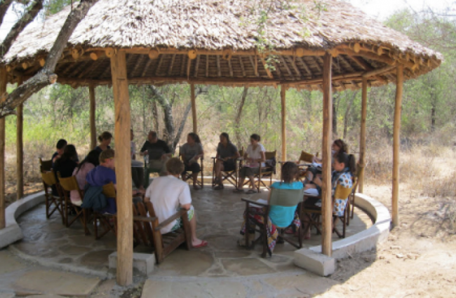 Group of people sitting on chairs under a thatch roofed patio